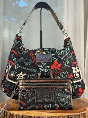 Coach Poppy Graffiti Convertible Shoulder/Crossbody Bag + Wristlet EUC
